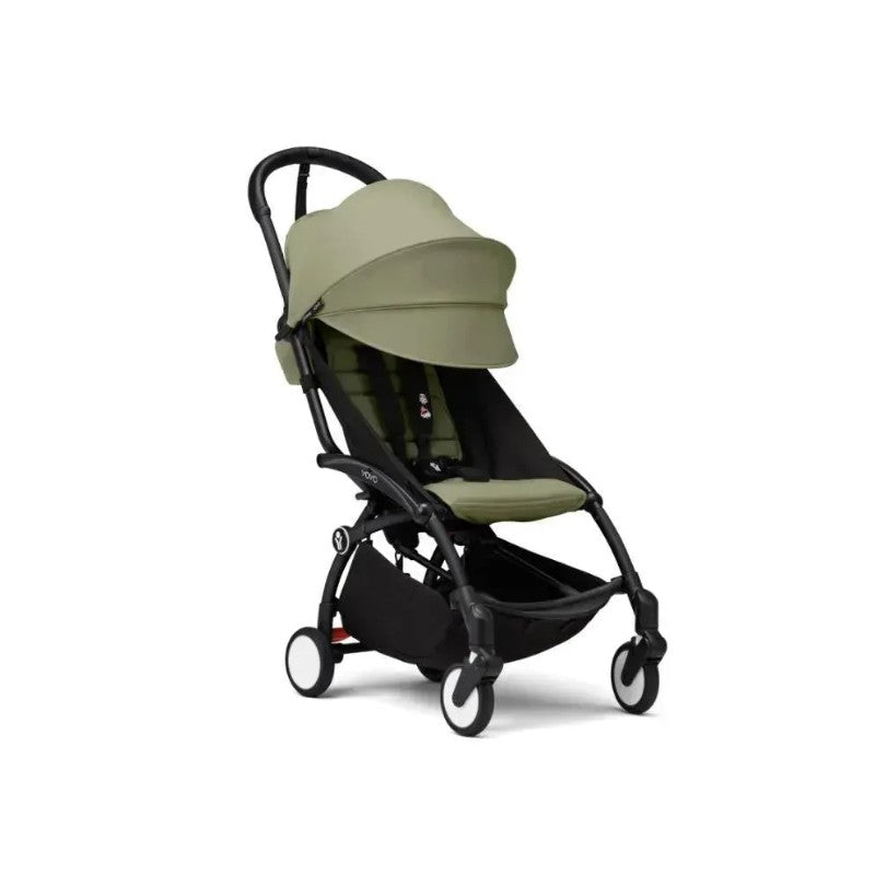 Stokke Yoyo³ Stroller 6+ with a black frame and olive fabric, featuring a canopy and adjustable leg rest.