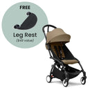 Stokke Yoyo³ stroller in black frame with toffee seat, featuring a free leg rest offer highlighted in a circular design.