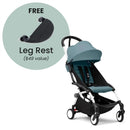 Stokke Yoyo³ Stroller 6+, with a white frame and aqua accents, featuring a free leg rest promotion.