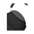 Detail of the Stokke Yoyo³ 6+ stroller featuring a black fabric seat and a white frame.