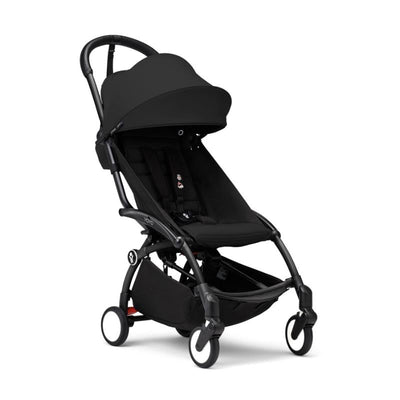 Stokke Yoyo³ Stroller in Black with a canopy, designed for children aged 6+, featuring a sleek, lightweight frame.