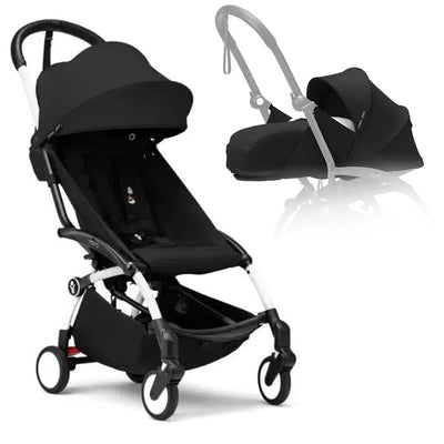 Stokke - Yoyo³ Stroller Bundle, Black And White Frame | Black 6+ Color Pack | Black Newborn Pack Image 1