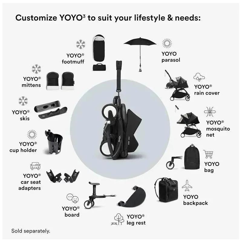 Stokke - Yoyo³ Stroller Bundle, Black And White Frame | Black 6+ Color Pack | Black Newborn Pack Image 8