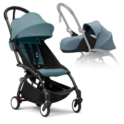 Stokke Yoyo³ stroller bundle featuring a black frame and aqua color pack, with a newborn pack displayed alongside.