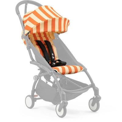 Stokke YOYO® 6+ Color Pack in Capri Riviera Special Edition, featuring orange and cream striped fabric on the stroller seat and canopy.