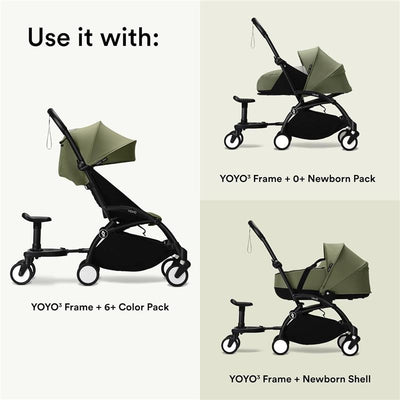 Stokke Yoyo® Board in black, showcasing stroller compatibility options with various attachments and color packs.