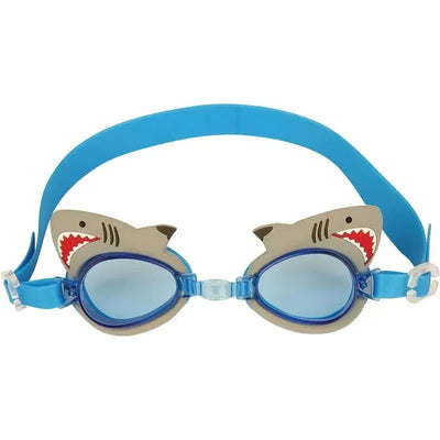 Shark-themed swim goggles with blue straps and shark fin designs on the sides, suitable for kids.