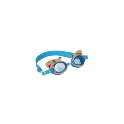 Shark-themed swim goggles with blue strap and playful shark fin design on the sides. Ideal for children.