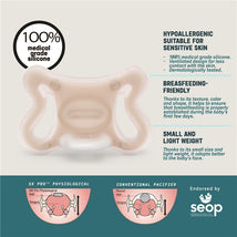 Suavinex 2Pk Zero Zero Silicone Baby Pacifier features a medical grade silicone design, hypoallergenic, and breastfeeding-friendly shape.