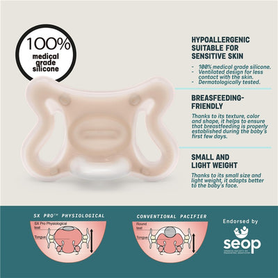 Suavinex 2Pk Zero Zero Silicone Baby Pacifier features a medical grade silicone design, hypoallergenic, and breastfeeding-friendly shape.