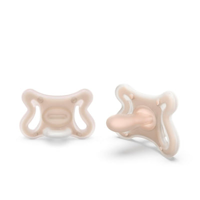 Two Suavinex silicone baby pacifiers with SX Pro physiological nipples, featuring a light color and ergonomic design.