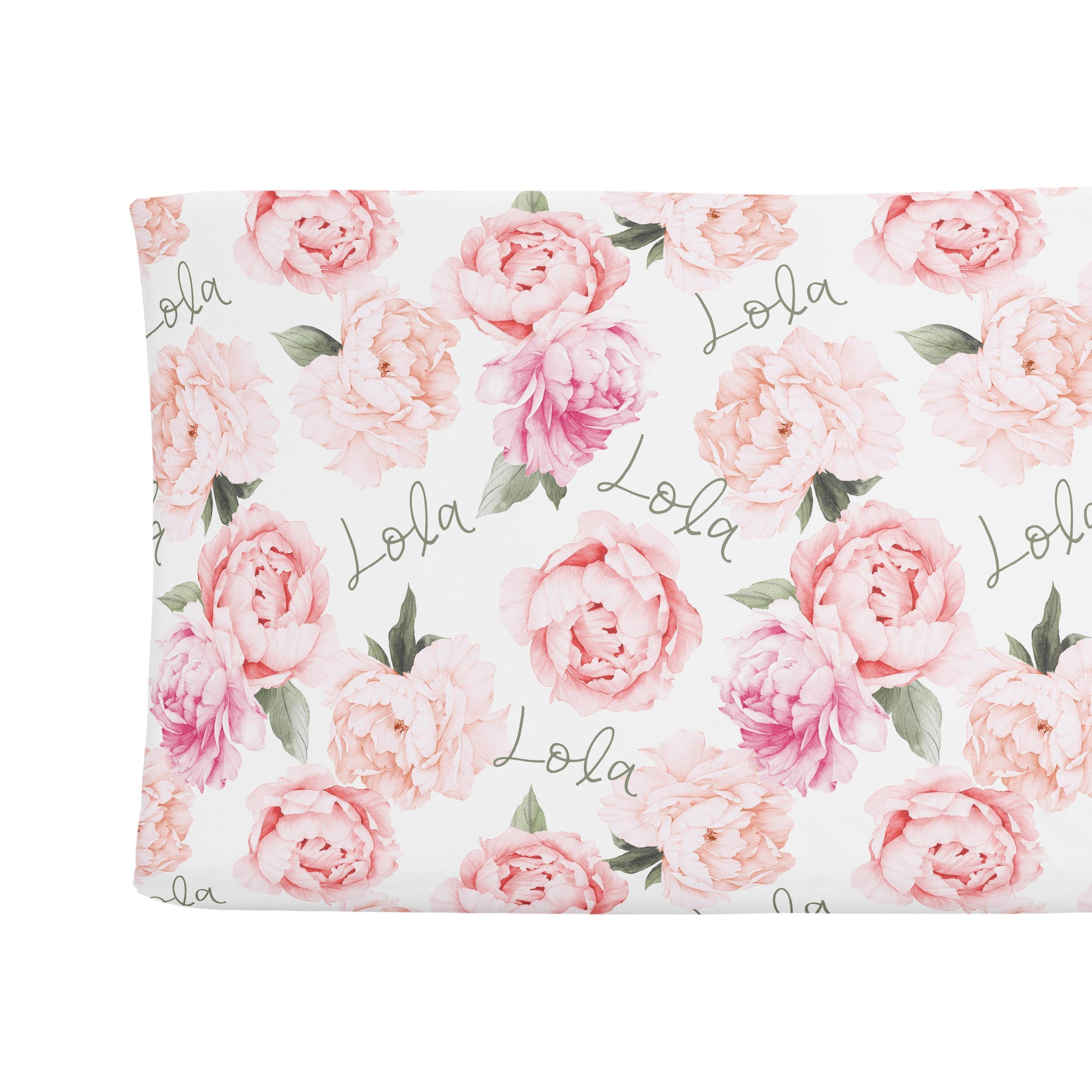 Sugar + Maple Personalized Changing Pad Cover | Peach Peony Blooms - MacroBaby