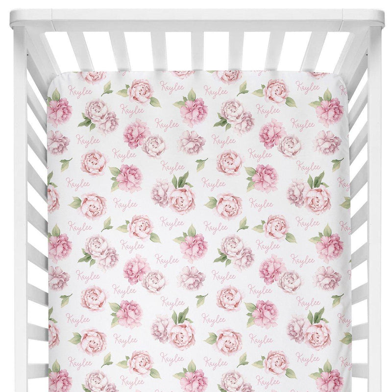 Sugar + Maple Personalized Crib Sheet | Pink Peonies - MacroBaby