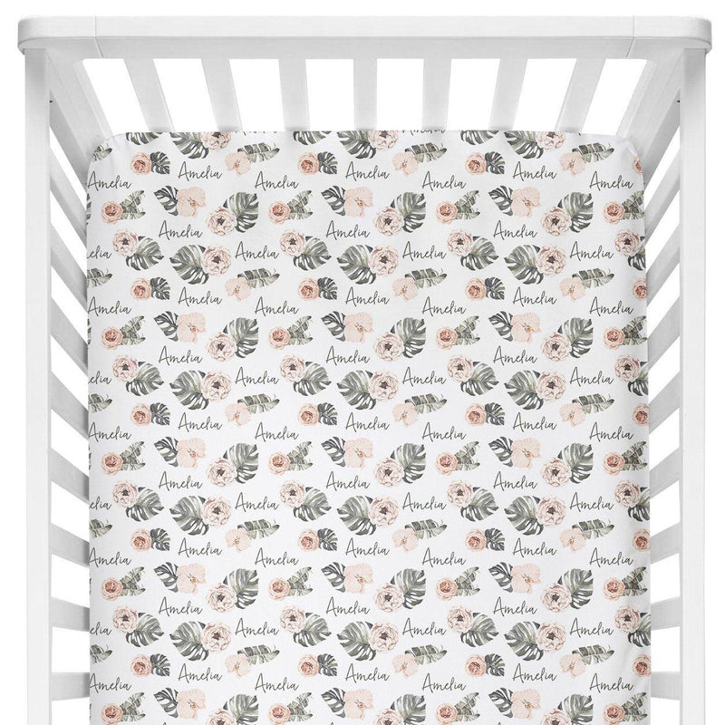Sugar + Maple Personalized Crib Sheet | Tropical Floral - MacroBaby