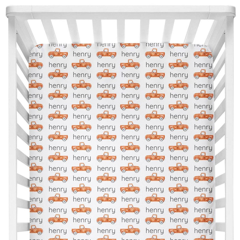 Sugar + Maple Personalized Crib Sheet | Truck Orange - MacroBaby