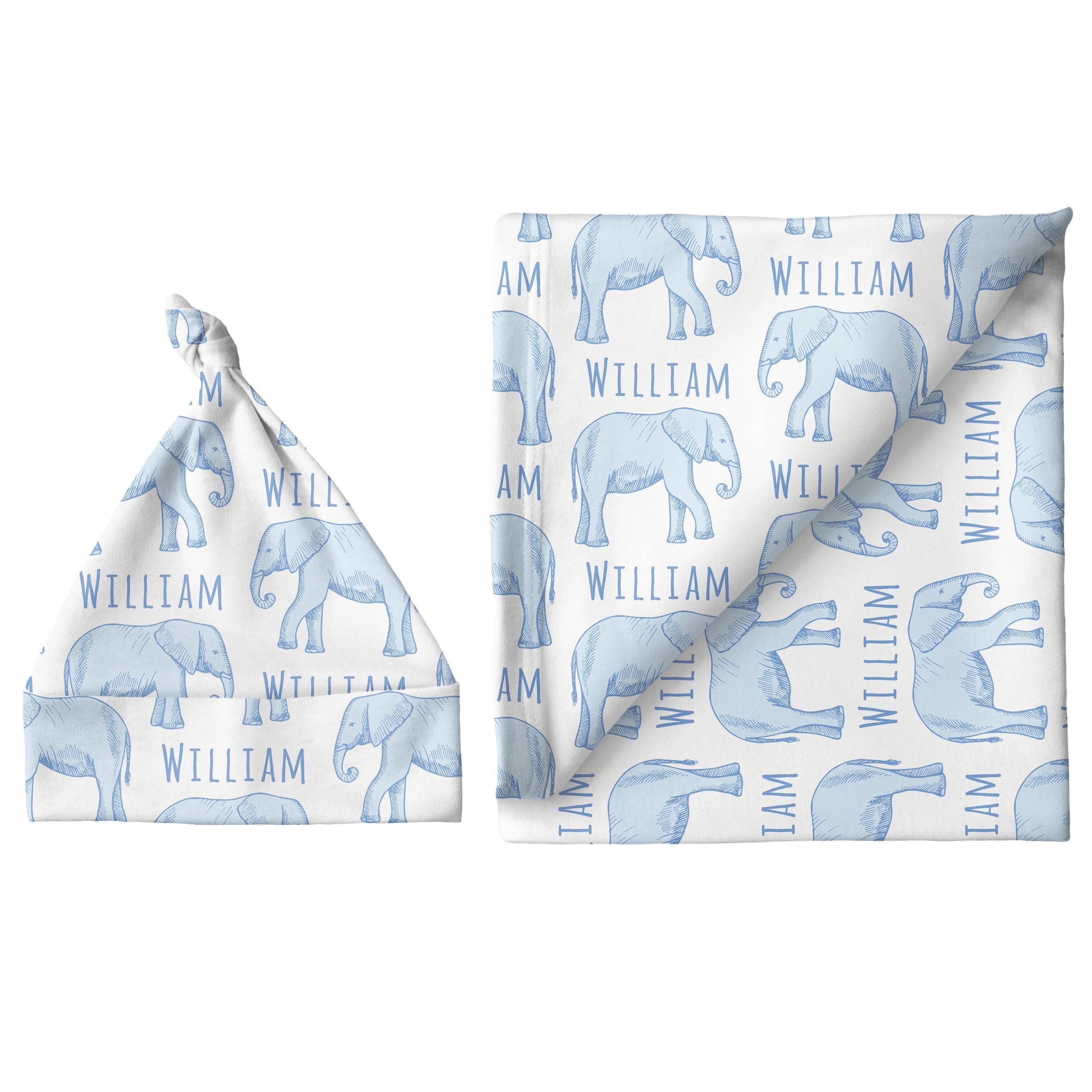 Sugar + Maple Personalized Large Blanket & Hat Set | Elephant Blue - MacroBaby