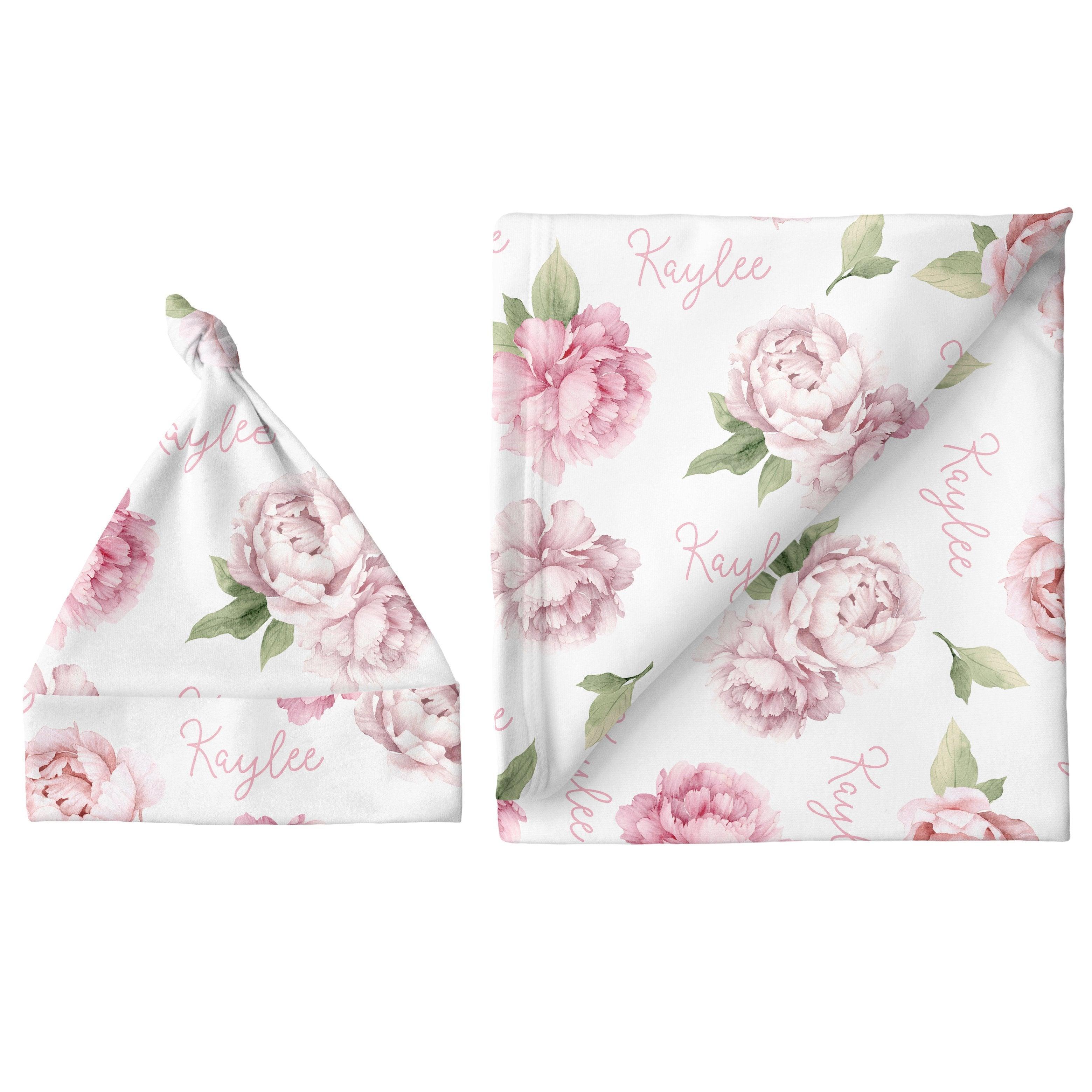 Sugar + Maple Personalized Small Blanket & Hat Set | Pink Peonies - MacroBaby