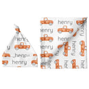 Sugar + Maple Personalized Small Blanket & Hat Set | Truck Orange - MacroBaby
