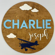 Sugar + Maple Round Personalized Wood Name Sign | Airplane - MacroBaby