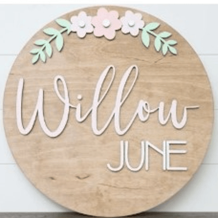 Sugar + Maple Round Personalized Wood Name Sign | Flower - MacroBaby