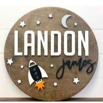 Sugar + Maple Round Personalized Wood Name Sign | Space Ship - MacroBaby