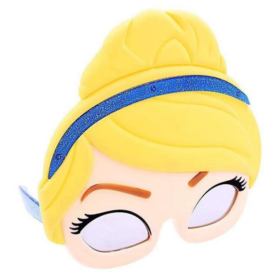 Cinderella-themed sunglasses featuring a yellow hair design and a blue sparkly headband.