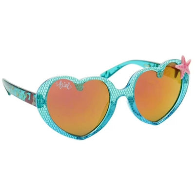 Heart-shaped teal sunglasses for kids featuring a pink starfish accent and reflective lenses, inspired by The Little Mermaid.