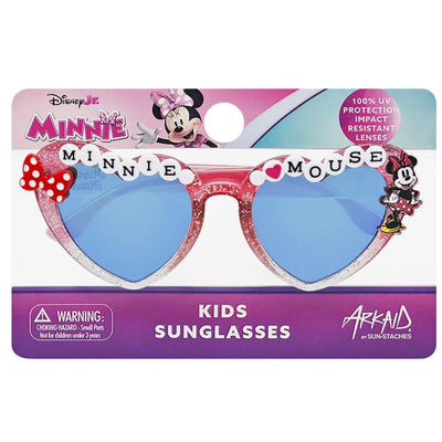 Pink heart-shaped sunglasses for kids featuring Minnie Mouse design with sparkles and blue lenses, packaged with a warning for small parts.