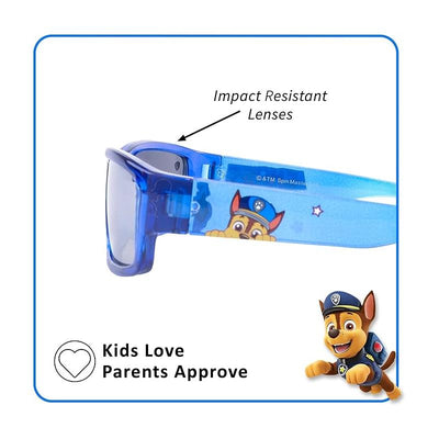 Blue sunglasses for kids featuring Chase from Paw Patrol, with impact-resistant lenses and playful designs.