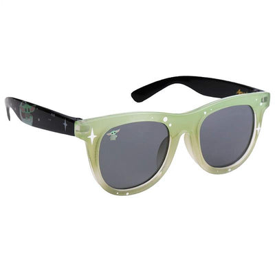 Green sunglasses with black temples featuring The Child from Star Wars, designed for kids.
