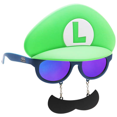 Sun-Staches Luigi sunglasses featuring a green hat design, purple lenses, and a detachable black mustache.
