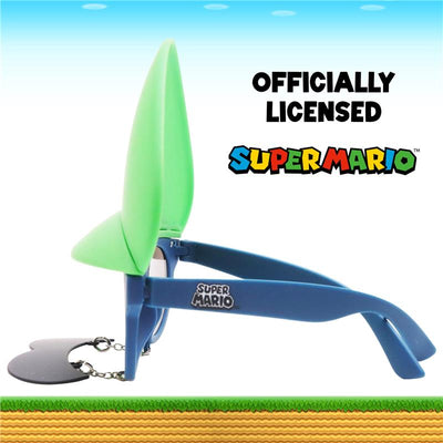 Sun-Staches Luigi mustache sunglasses with green pointed ears and blue frames, featuring Super Mario branding.