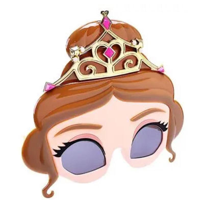 Sunglasses designed as Princess Belle, featuring a tiara on top and large, round lenses.