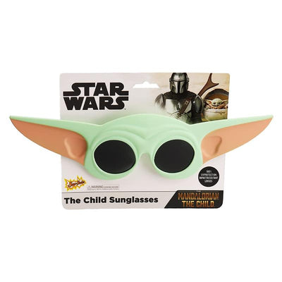 Green sunglasses shaped like Grogu from Star Wars, with black lenses and large ears, packaged with branding and character images.