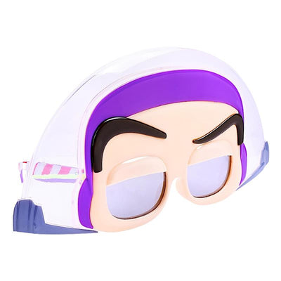 Buzz Lightyear-themed sunglasses featuring a cartoon face, blue lenses, and purple accents.