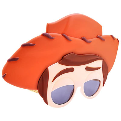 Woody-themed sunglasses featuring an orange cowboy hat design and large purple-tinted lenses.