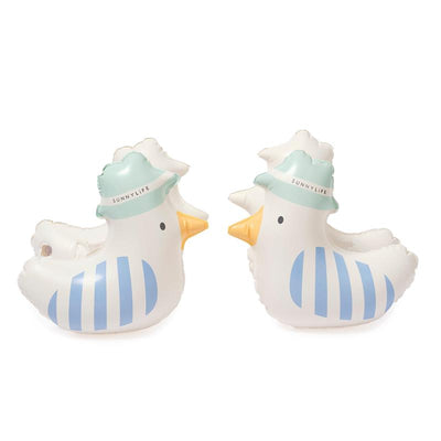 Kids inflatable arm bands designed as seagulls with blue stripes and a hat, perfect for safe swimming fun.