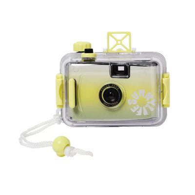 Underwater camera with a citrus ombre design, featuring a focus-free lens and a wrist strap.