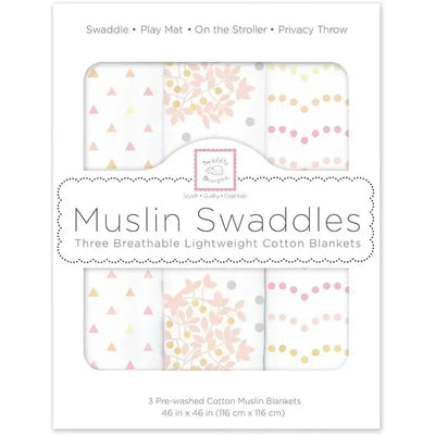 Swaddle Designs - 3Pk Muslin Swaddle Blankets, Floral With Gold Shimmer Image 1