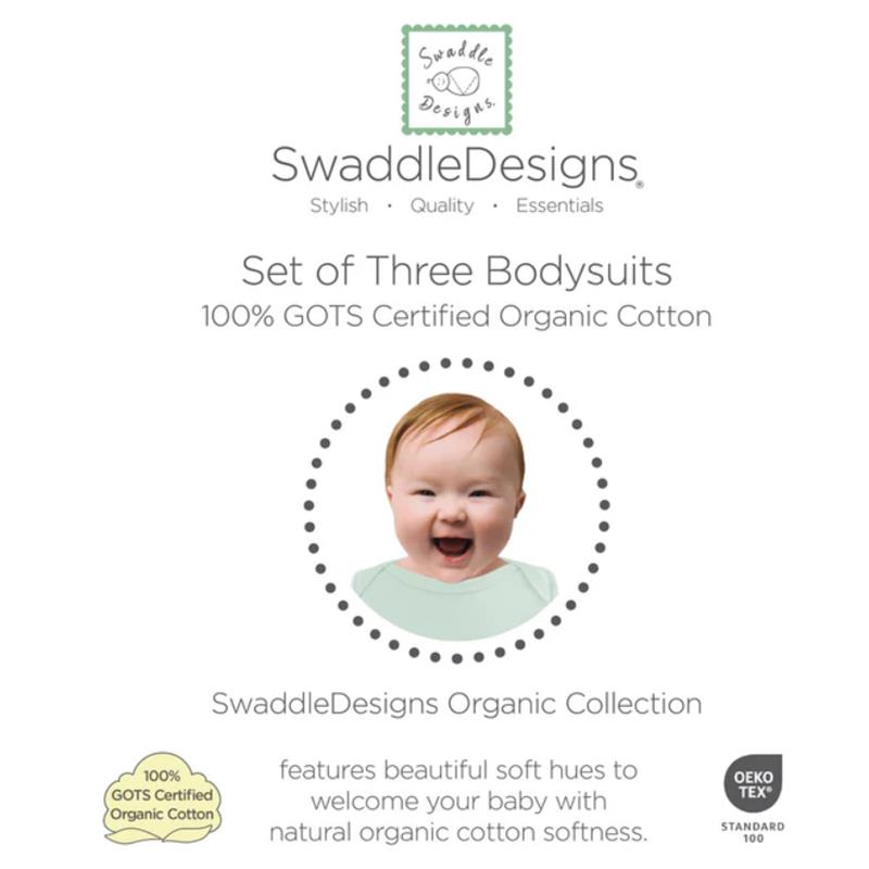Swaddle Designs 3Pk Organic Cotton Bodysuits, Soft Jadeite/White/Sand Dollar Image 6