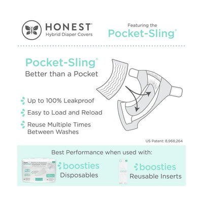 Swaddle Designs Honest Cotton Muslin Hybrid Reusable Cloth Diaper Cover features the Pocket-Sling design, highlighting its leakproof capabilities and ease of use.
