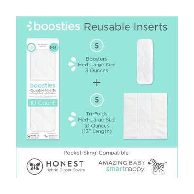 Pack of 10 Boosties reusable diaper inserts, featuring 5 boosters and 5 tri-folds, suitable for hybrid diaper systems.