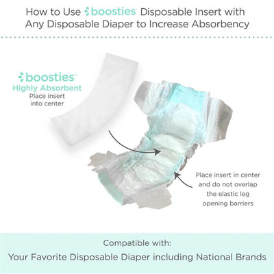 Boosties disposable inserts for diapers, shown with instructions on proper placement for increased absorbency.