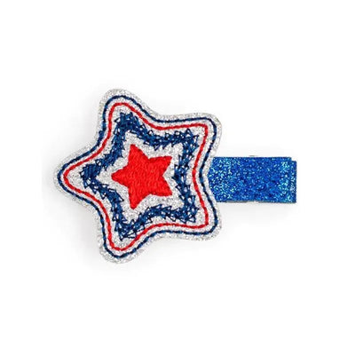 Sparkly star hair clip in red, white, and blue, featuring a star shape with a blue glitter band, perfect for the 4th of July.