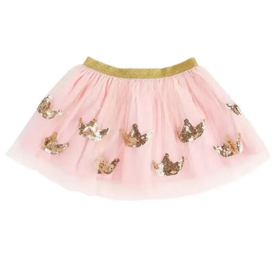 Baby girl pink tutu skirt with gold crown sequins and elastic waistband, perfect for dress-up play.