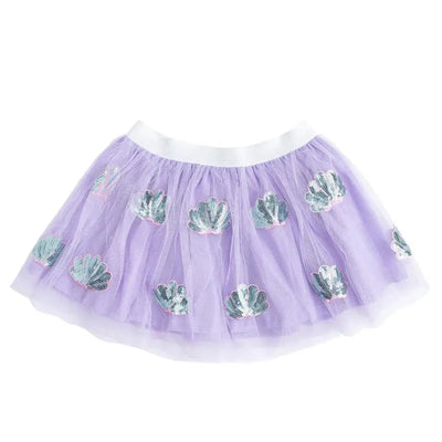 Baby girl seashell tutu dress up skirt with a lavender tulle fabric and sequin seashell embellishments.