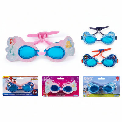 SwimWays Swim Goggle Assortment featuring designs from Ariel, Spidey, Chase, Minnie, and Bluey, with colorful packaging.