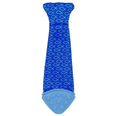 Blue fish-patterned teething bib tie with a textured rubber tip for soothing infants.