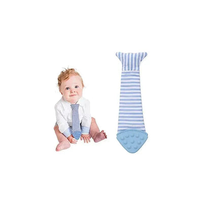 Teething bib tie in seersucker design, featuring blue stripes, next to a smiling baby wearing a matching white shirt.