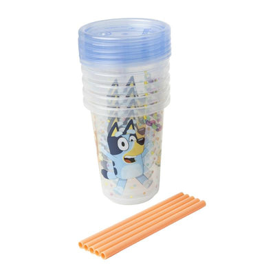Four stacking cups featuring Bluey, a cartoon character, accompanied by orange straws for kids.